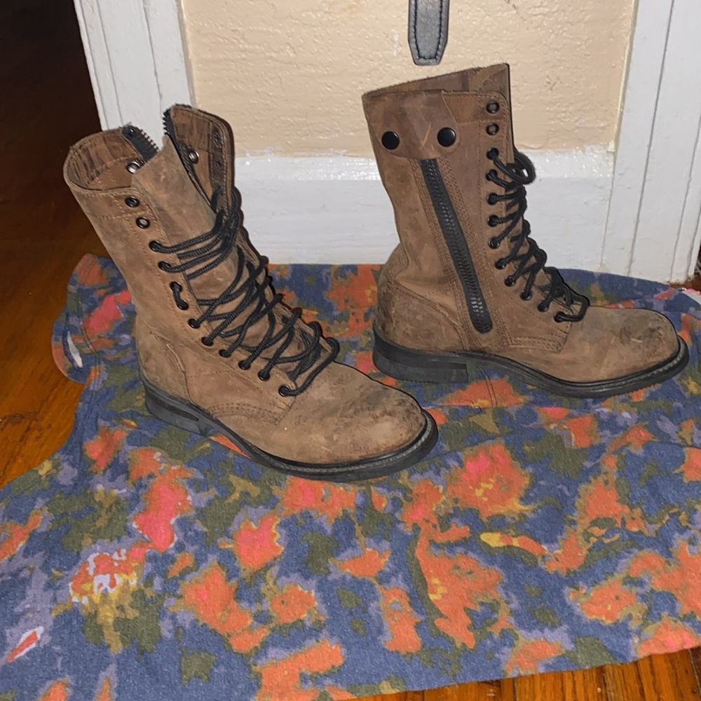 Double H Brown Rugged Leather Motorcycle Boots Side Zip Size 8.5